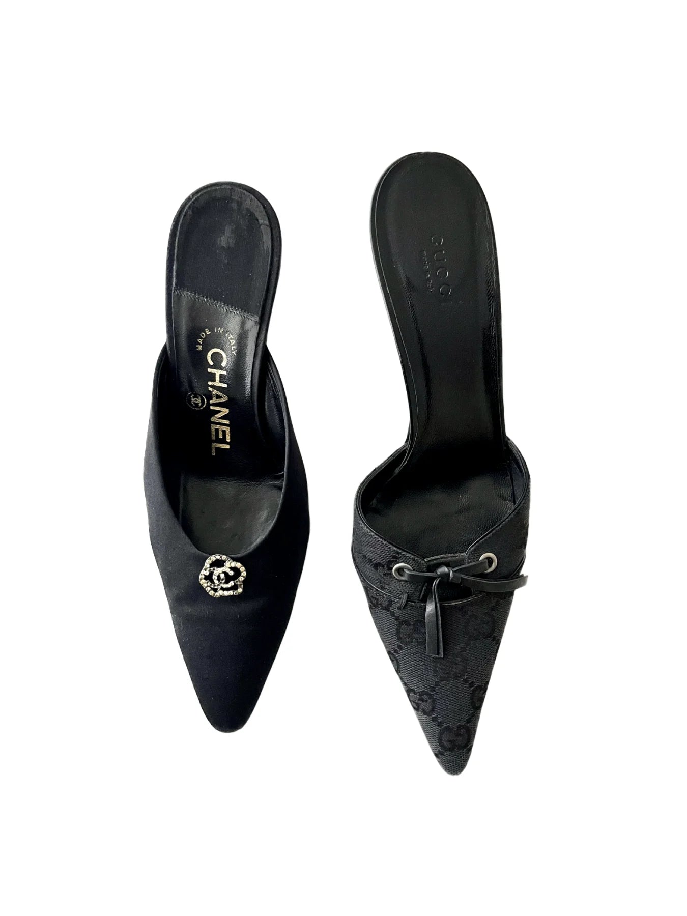 Chanel Mules w/Camellia Flowers Vintage Satin Pointed-Toe Mules, 36.5