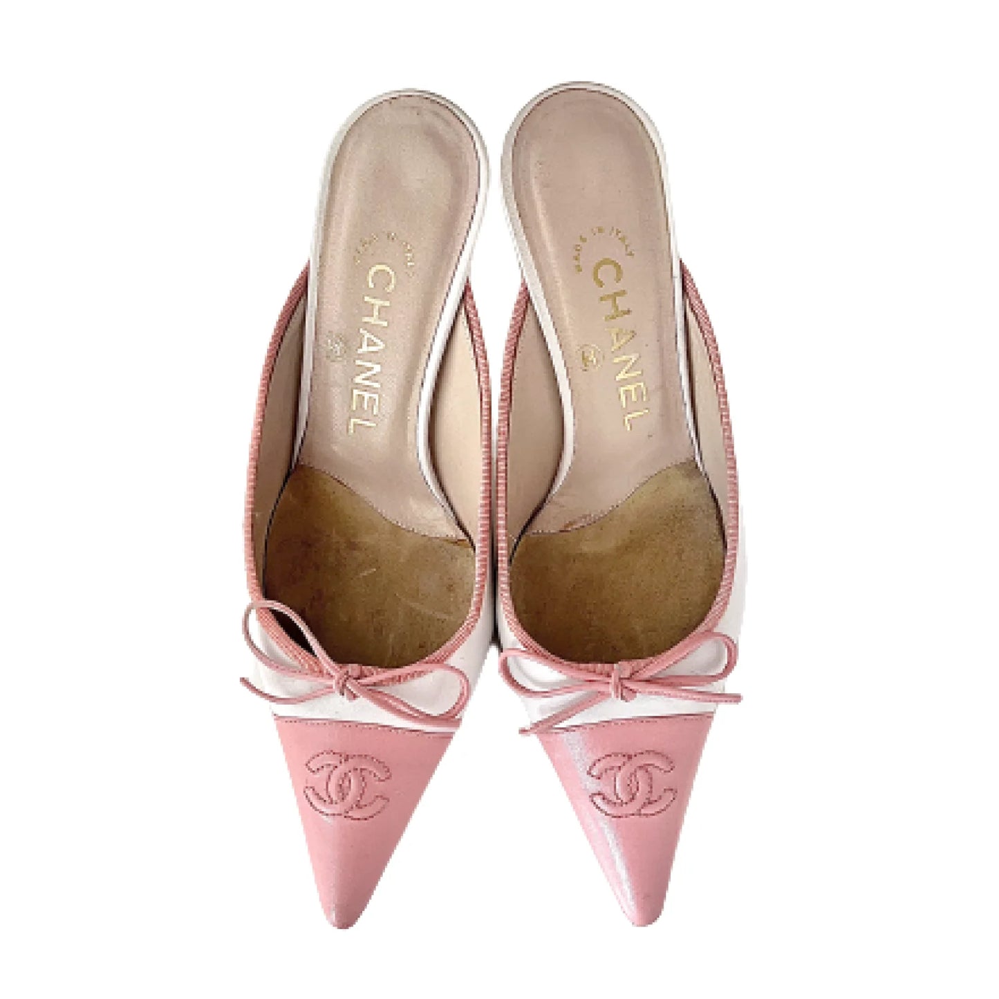 CHANEL Iconic "CC" Two-Tone Logo Toe Cap Bow Kitten Mules in Pink, 36.5