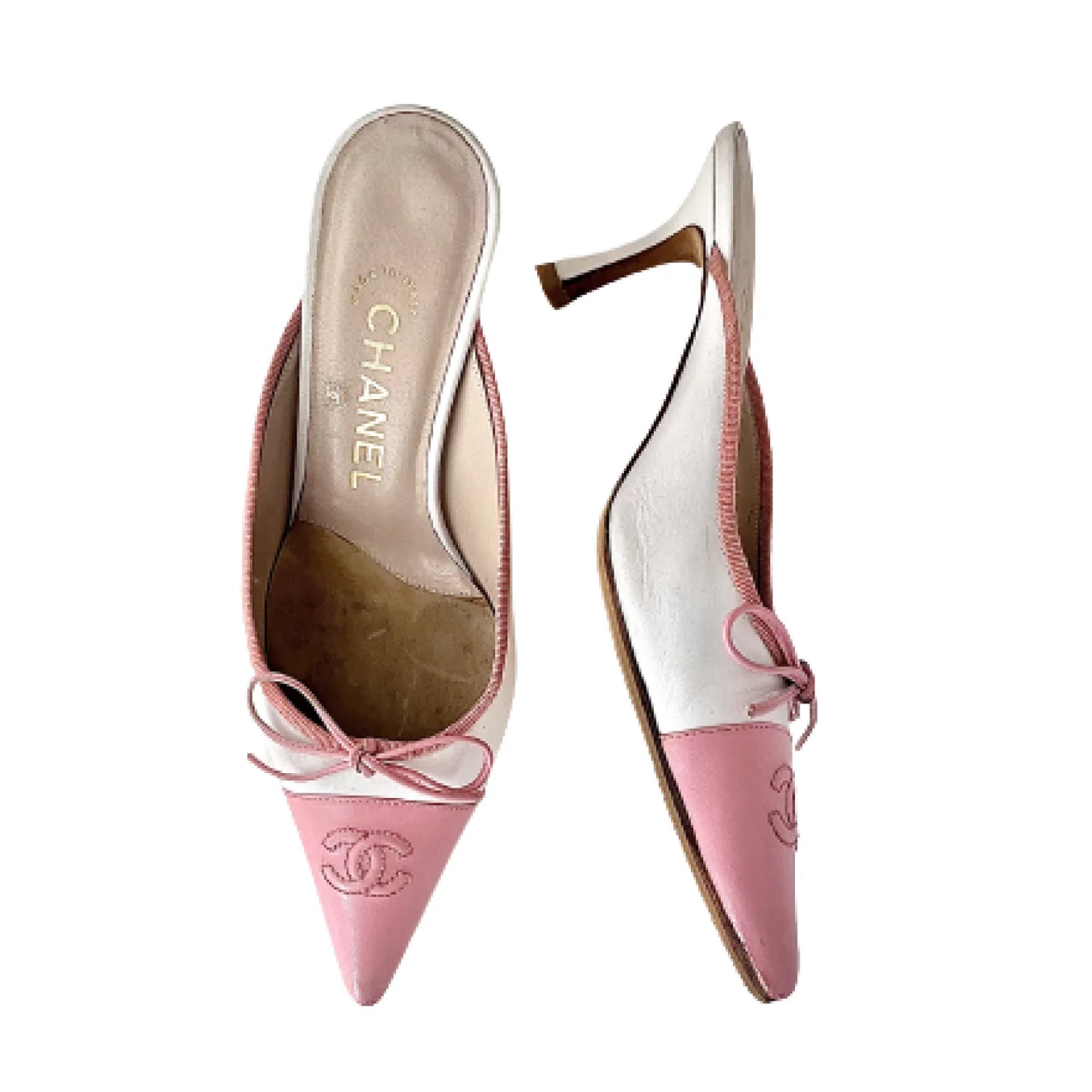 CHANEL Iconic "CC" Two-Tone Logo Toe Cap Bow Kitten Mules in Pink, 36.5