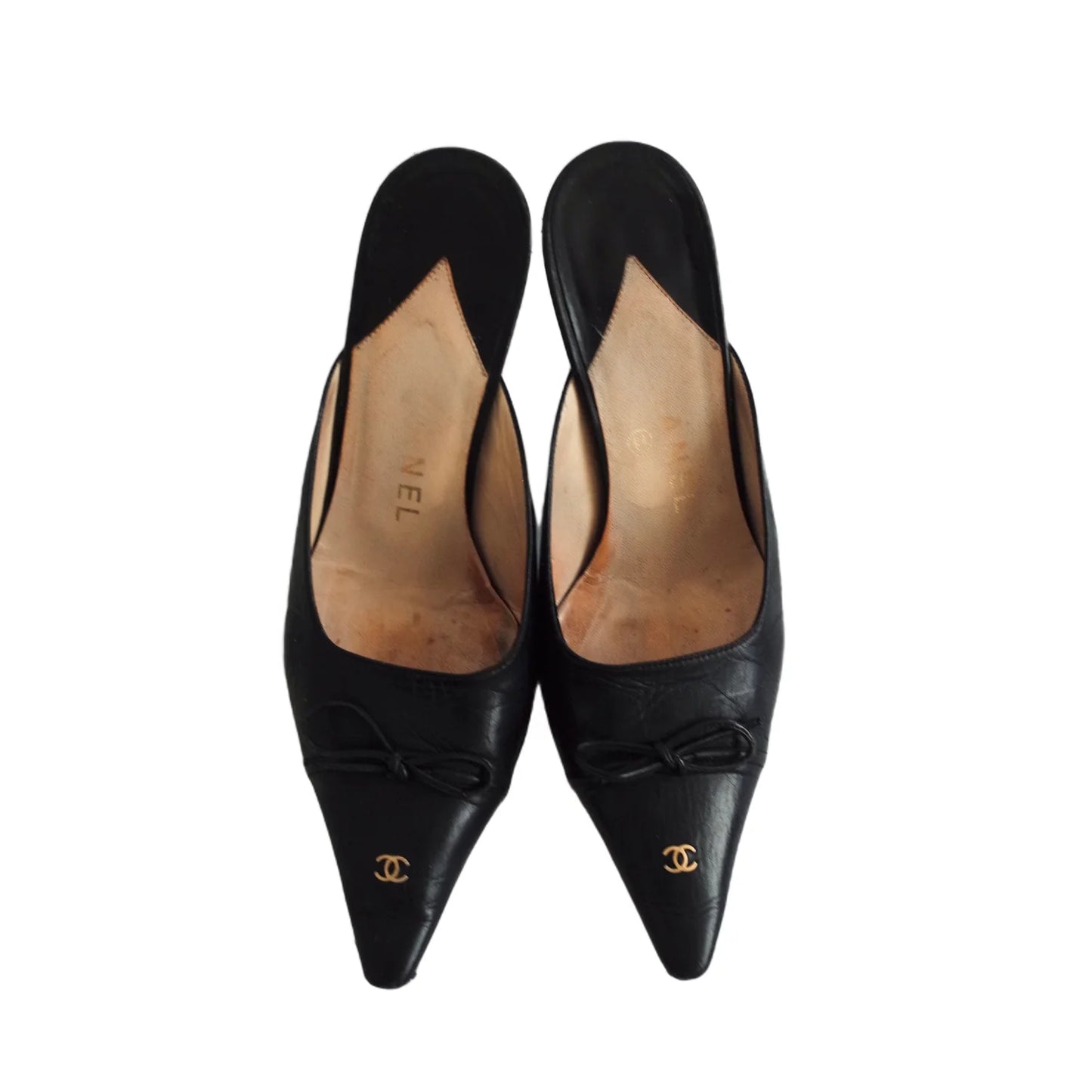 Chanel Logo Bow Mule Heels in Black, 37 Chanel Bow Heels