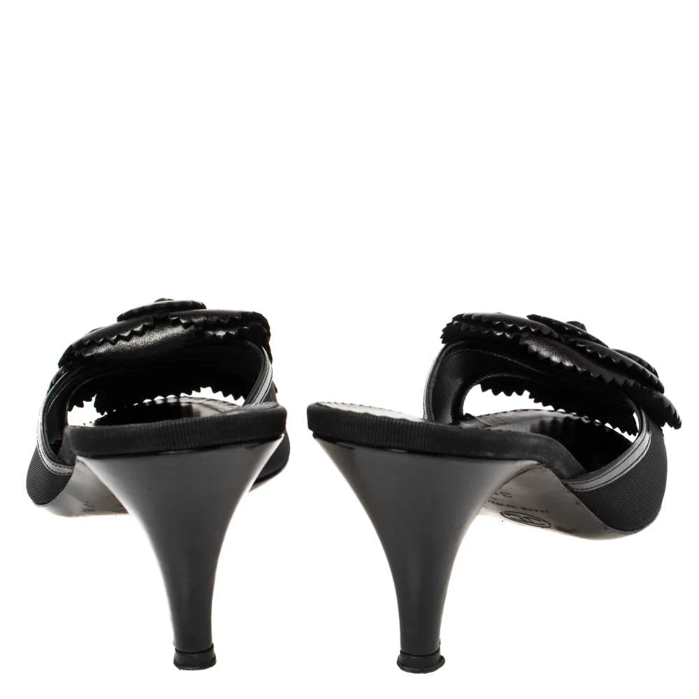 Chanel Black Mesh and Leather Camellia Slide Sandals, IT 37