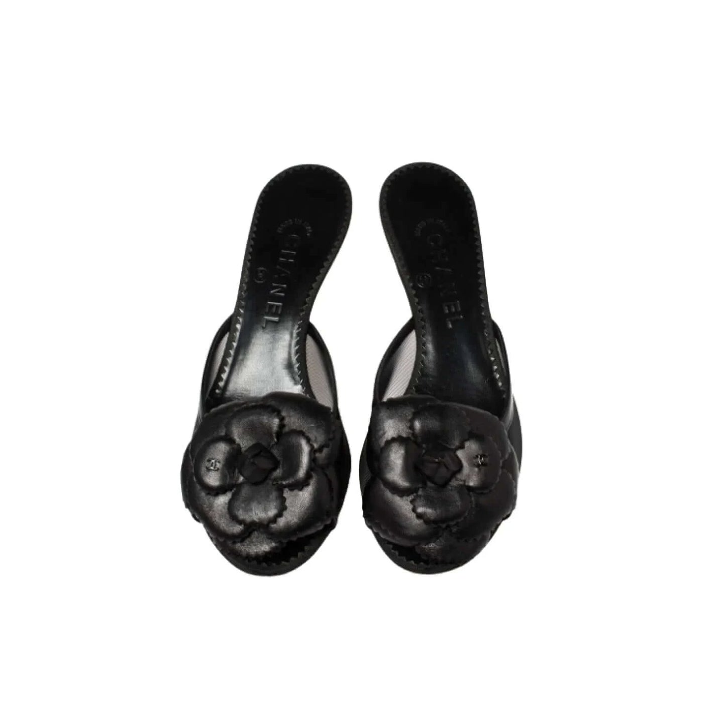 Chanel Black Mesh and Leather Camellia Slide Sandals, IT 37