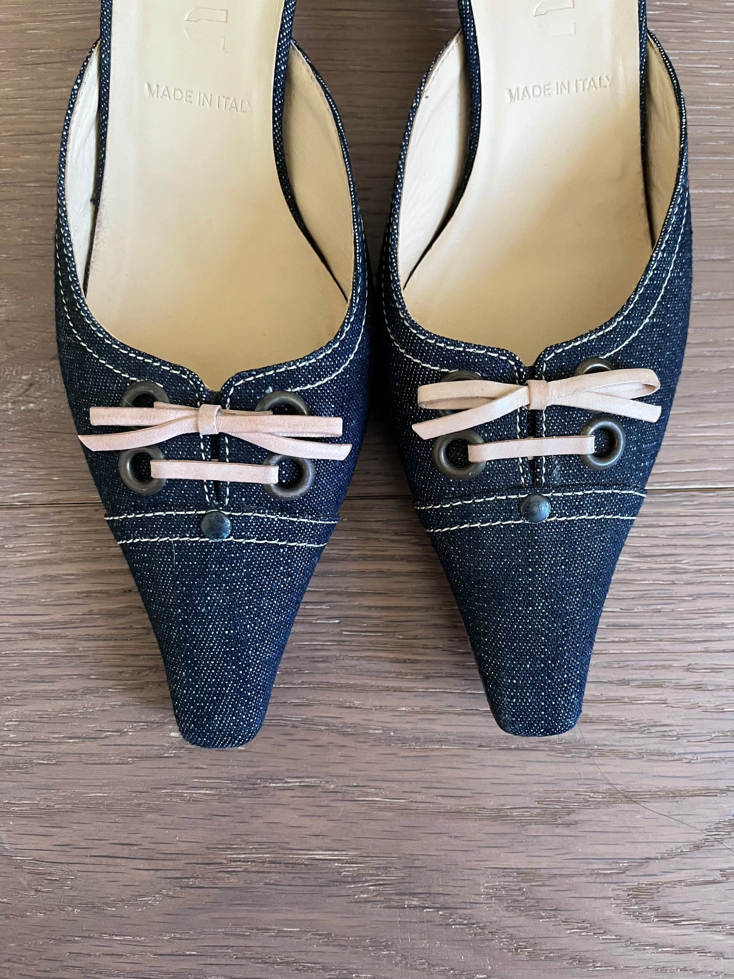 Miu Miu Denim Bow Mules Kitten Heels | Archive Square Floral Sandals Pinterest