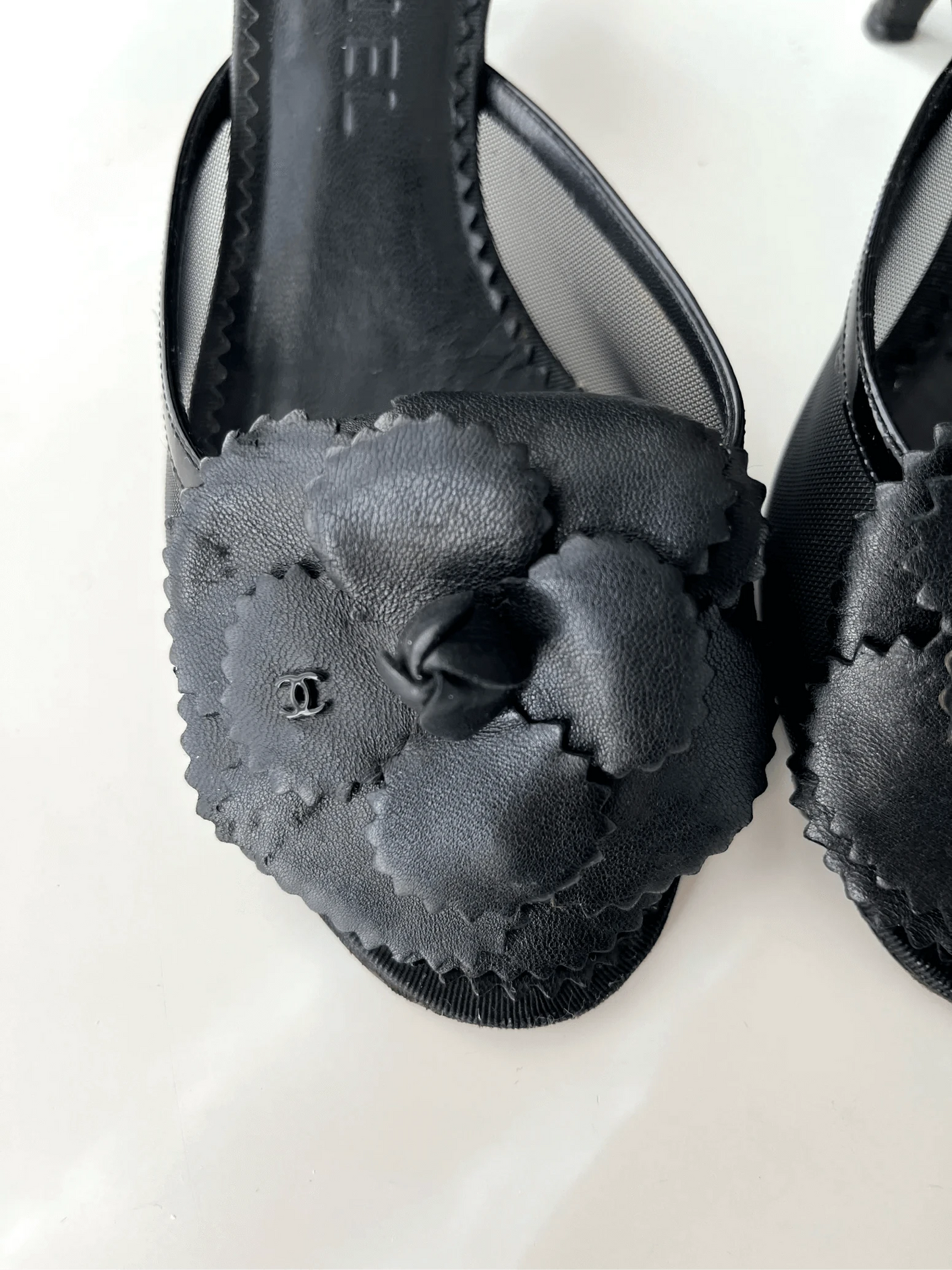 Chanel Black Mesh and Leather Camellia Slide Sandals, IT 37