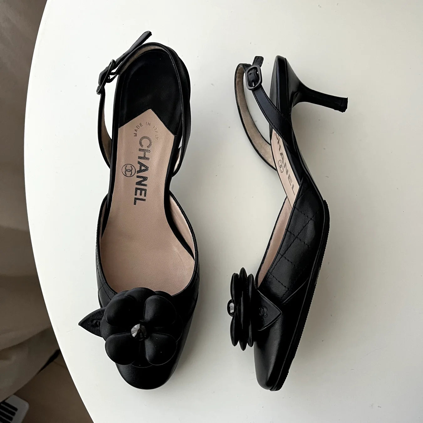 Chanel Sling-backs w/Camellia Flowers Sandals, 36.5