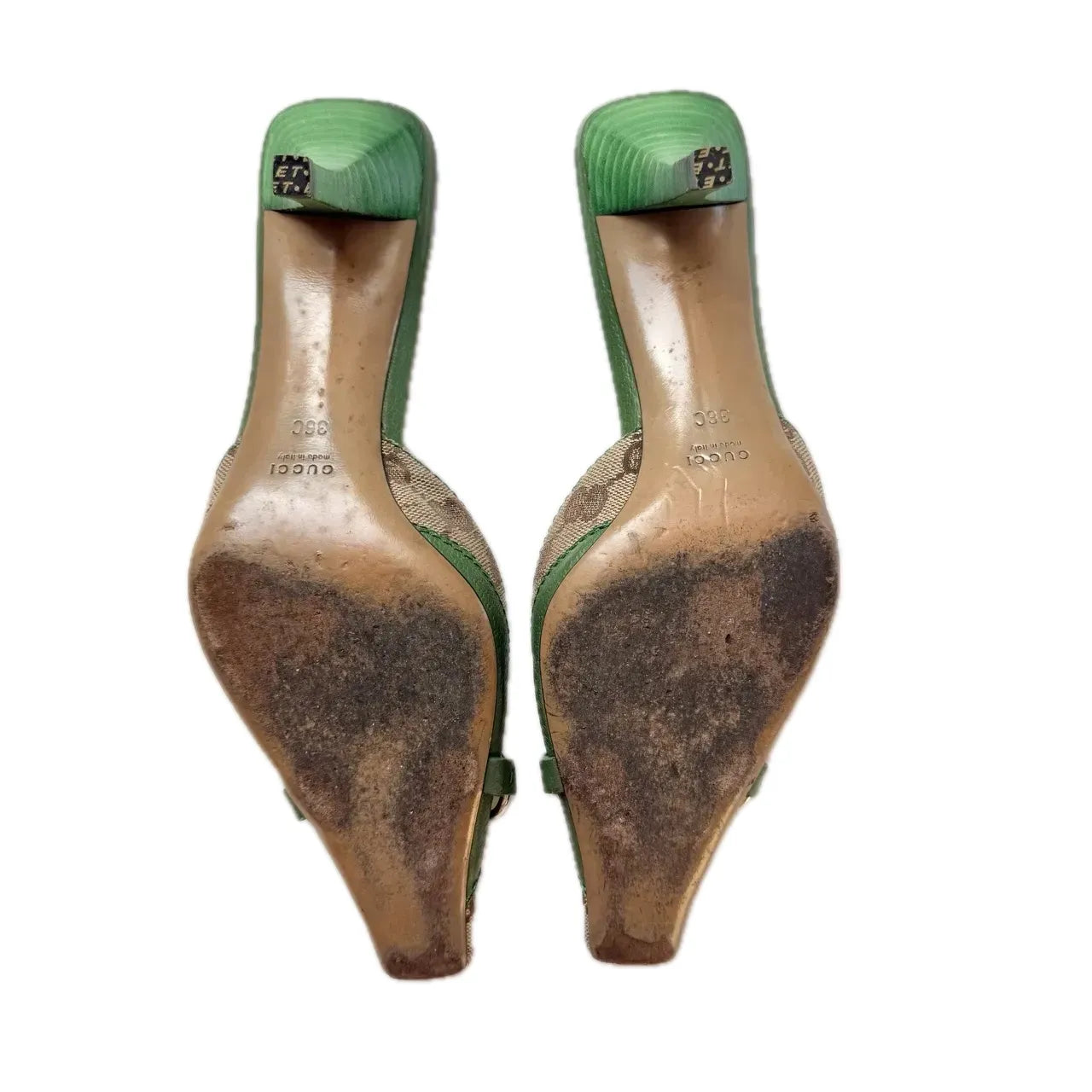 Gucci Green Canvas Horsebit And Bits Chain Mules, 36