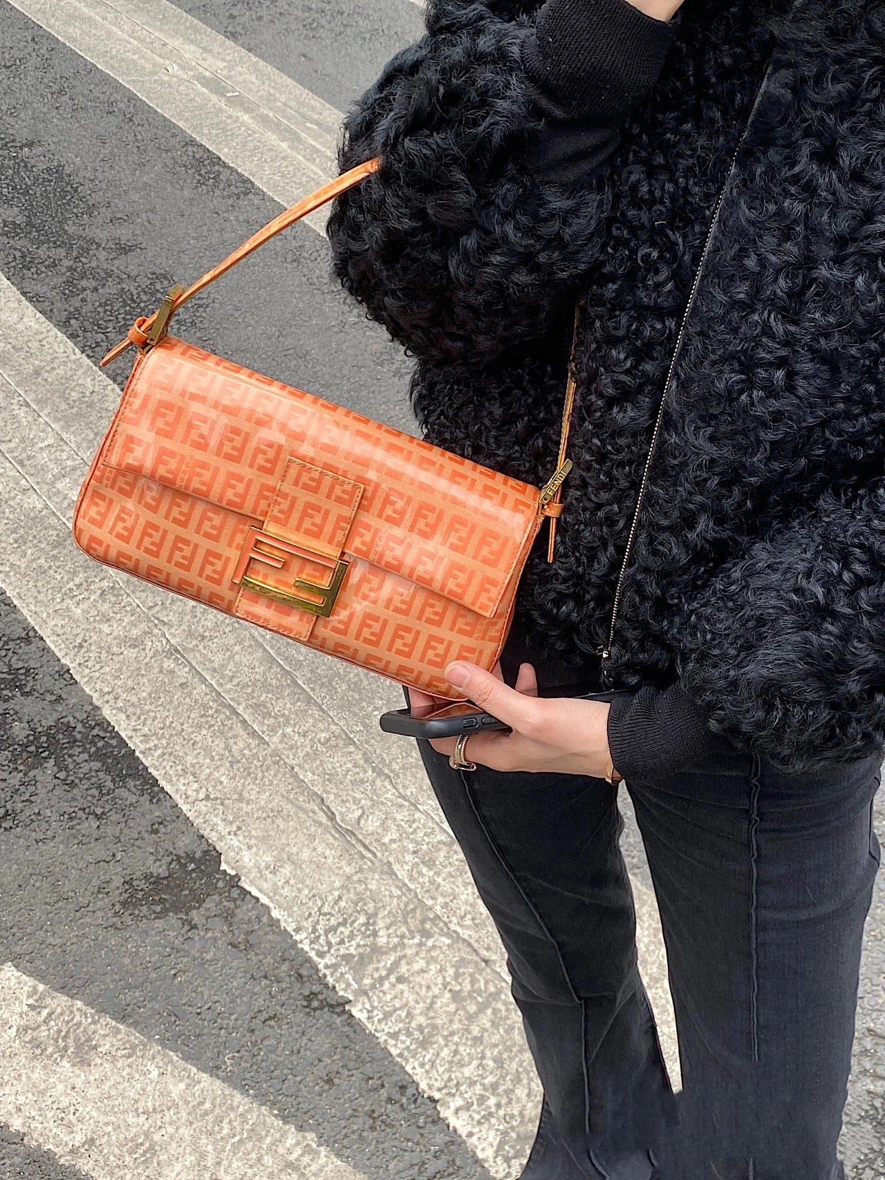 Fendi Baguette patent leather handbag Orange, Patent leather