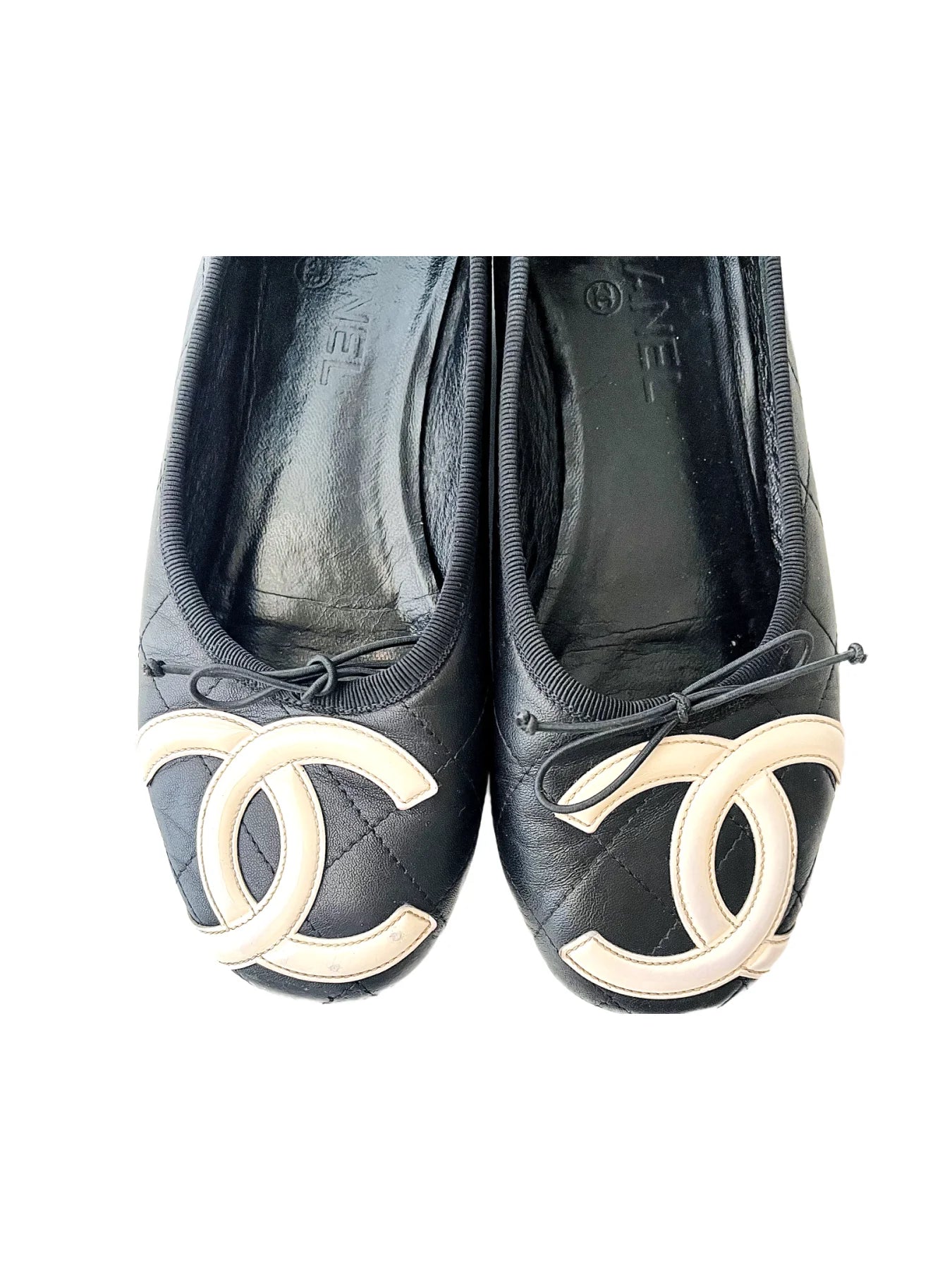 Chanel Beige/Black Leather CC Cap-Toe Bow Ballet Flats Size 38 Chanel