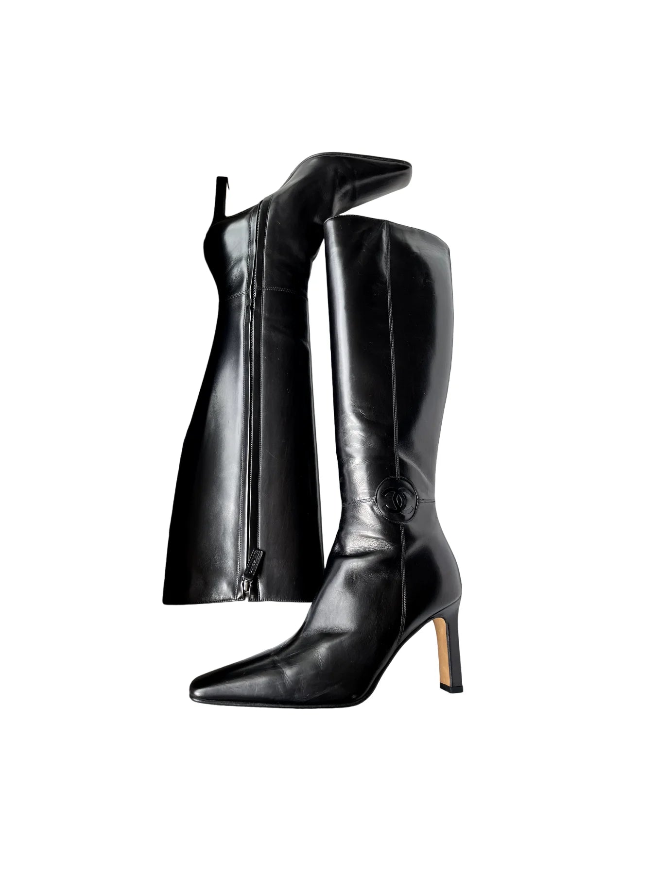 CHANEL KNEE-HIGH LOGO LEATHER BOOTS IT 36.5