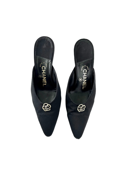 Chanel Mules w/Camellia Flowers Vintage Satin Pointed-Toe Mules, 36.5