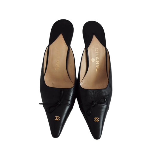 Chanel Logo Bow Mule Heels in Black, 39.5