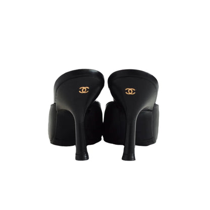 Chanel Logo Bow Mule Heels in Black, 37  Chanel Bow Heels