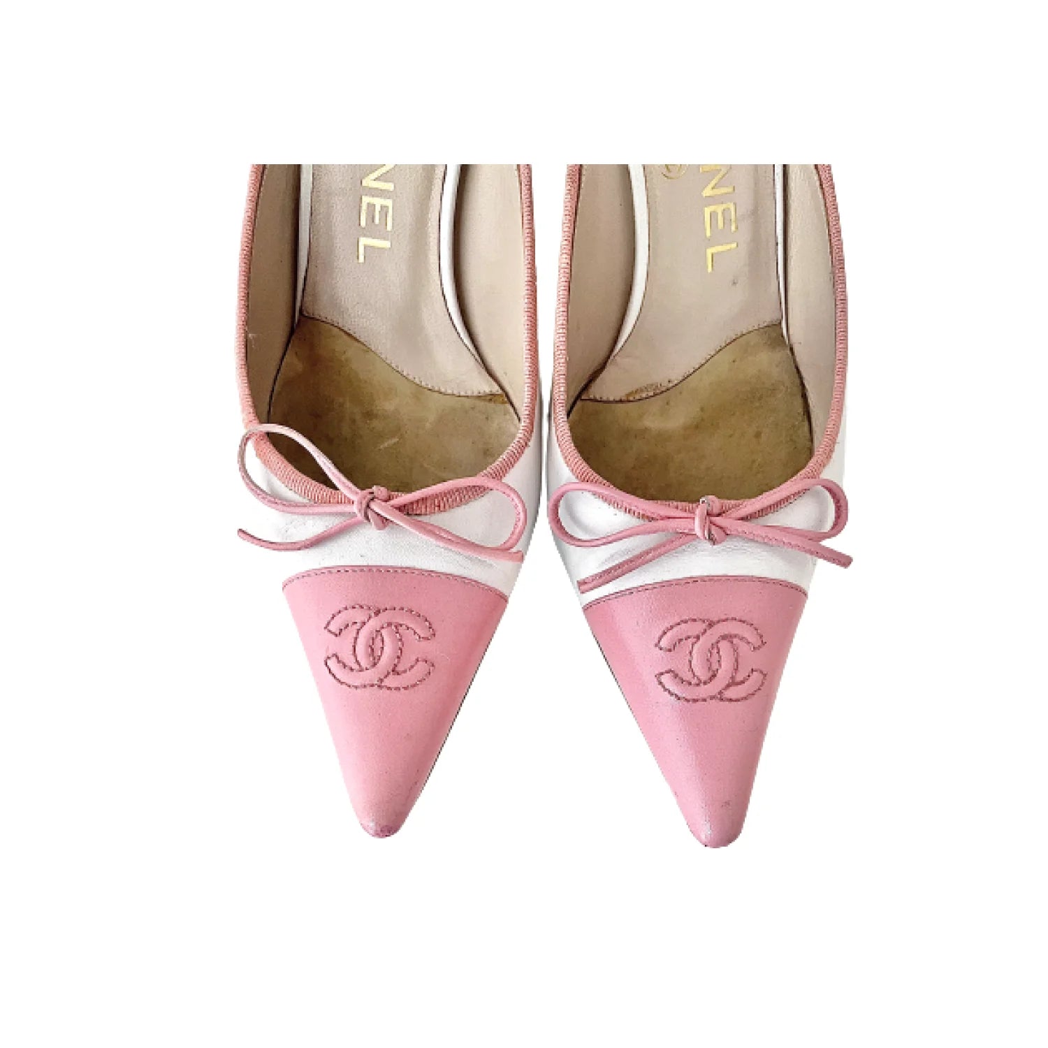 CHANEL Iconic "CC" Two-Tone Logo Toe Cap Bow Kitten Mules in Pink, 36.5