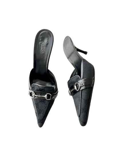 Gucci Black Guccissima Canvas Horsebit And Bits Chain Mules, 37