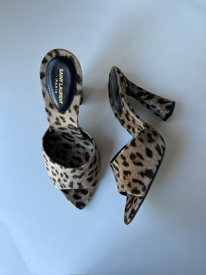 Saint Laurent Suite Leopard Print Velour Mules, 38