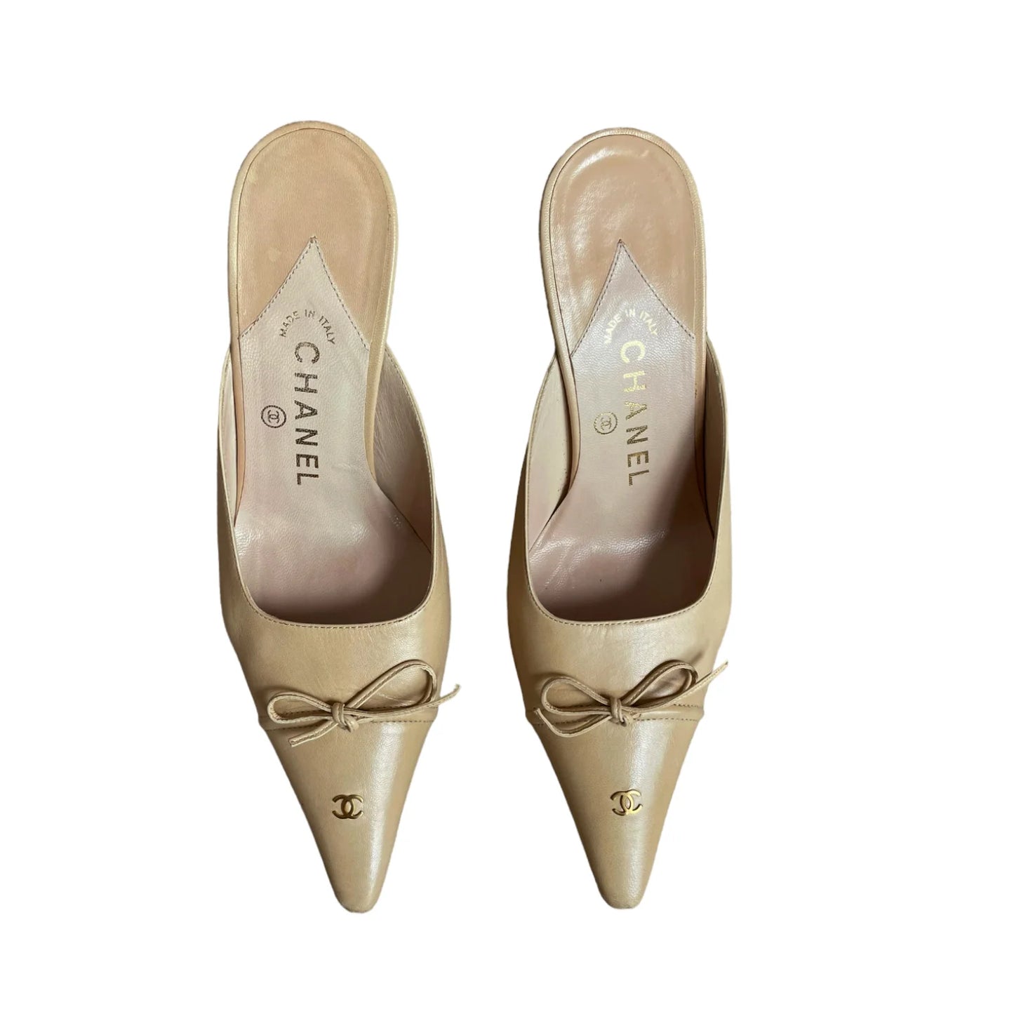 Chanel Logo Bow Mule Heels in Beige Gold, 36