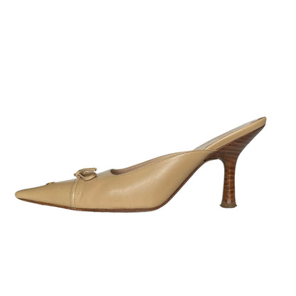 Chanel Logo Bow Mule Heels in Beige Gold, 36