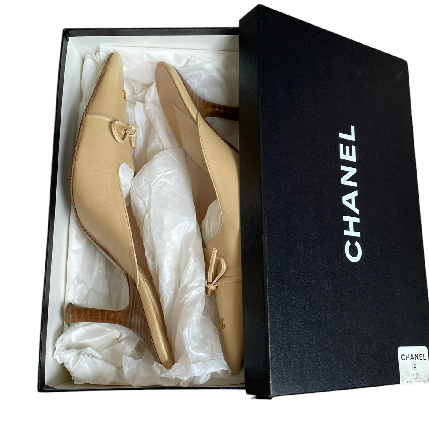 Chanel Logo Bow Mule Heels in Beige Gold, 36