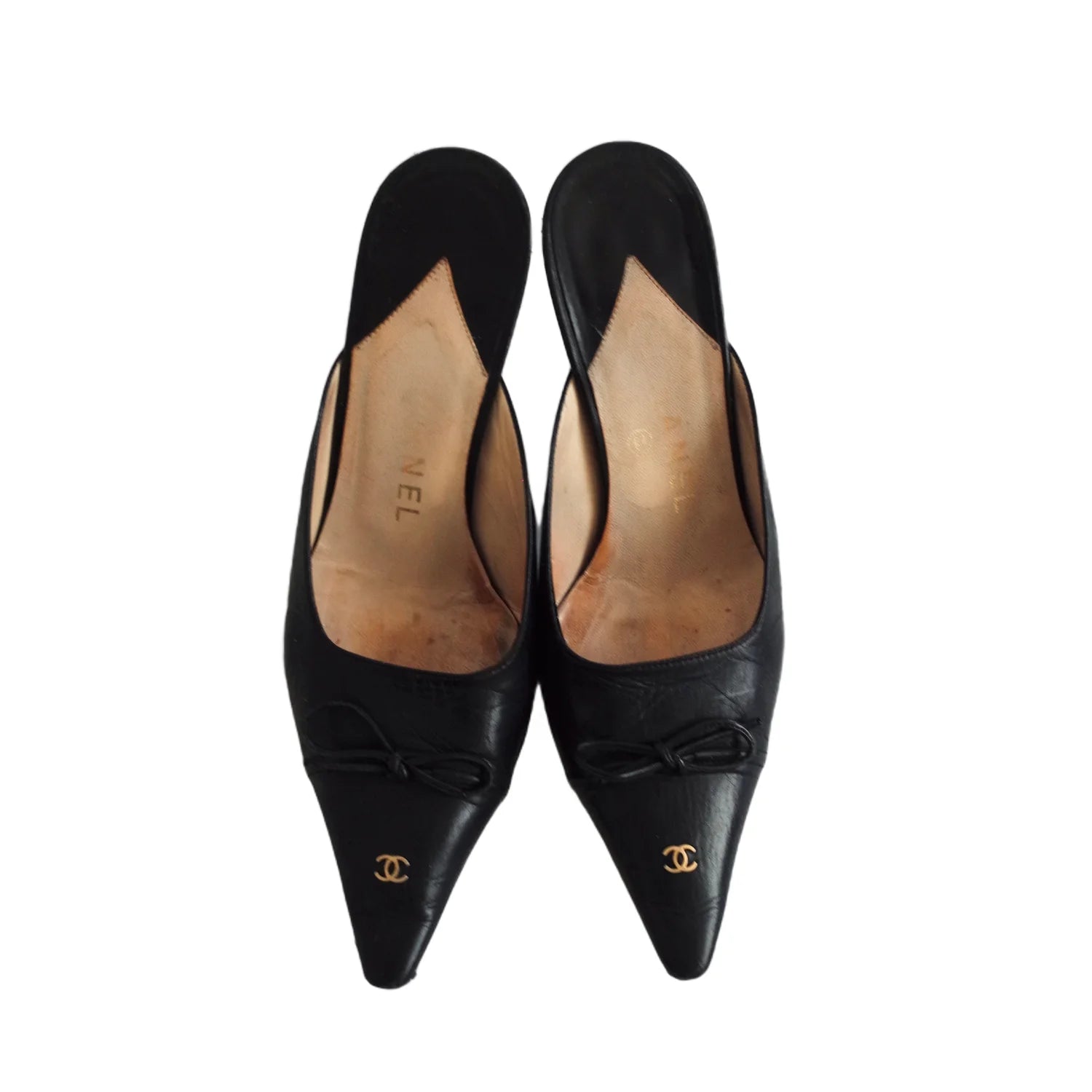 Chanel Logo Bow Mule Heels in Black, 37  Chanel Bow Heels
