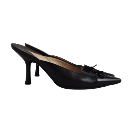 Chanel Logo Bow Mule Heels in Black, 37  Chanel Bow Heels
