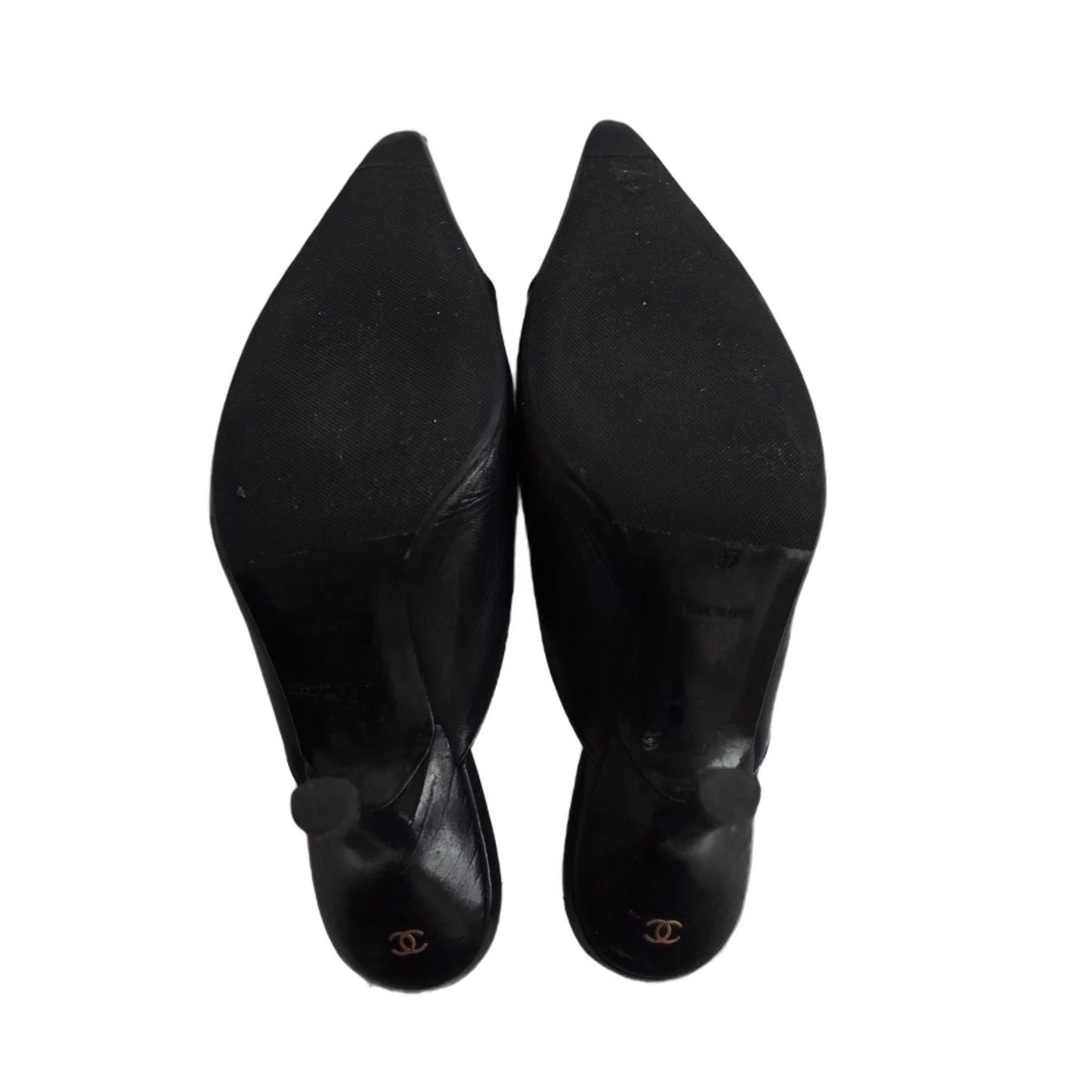 Chanel Logo Bow Mule Heels in Black, 37