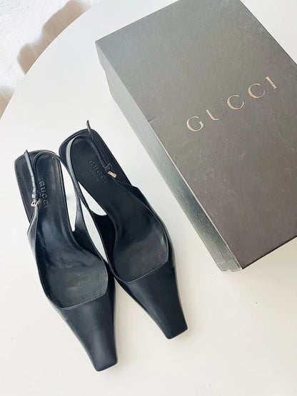 Gucci Black Leather Square Toe Slingbacks heels, IT 37