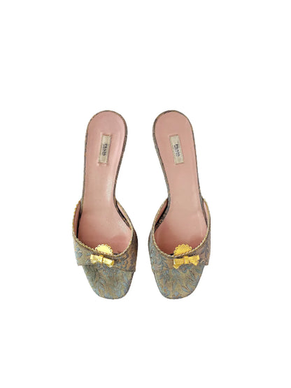 Prada Silk Kitten Heel Slides W/ Gold Bows, 38