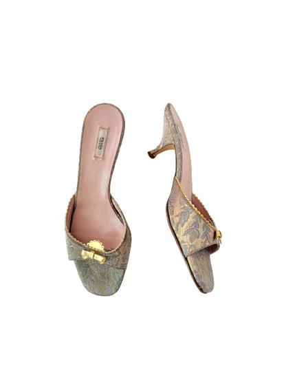 Prada Silk Kitten Heel Slides W/ Gold Bows, 38