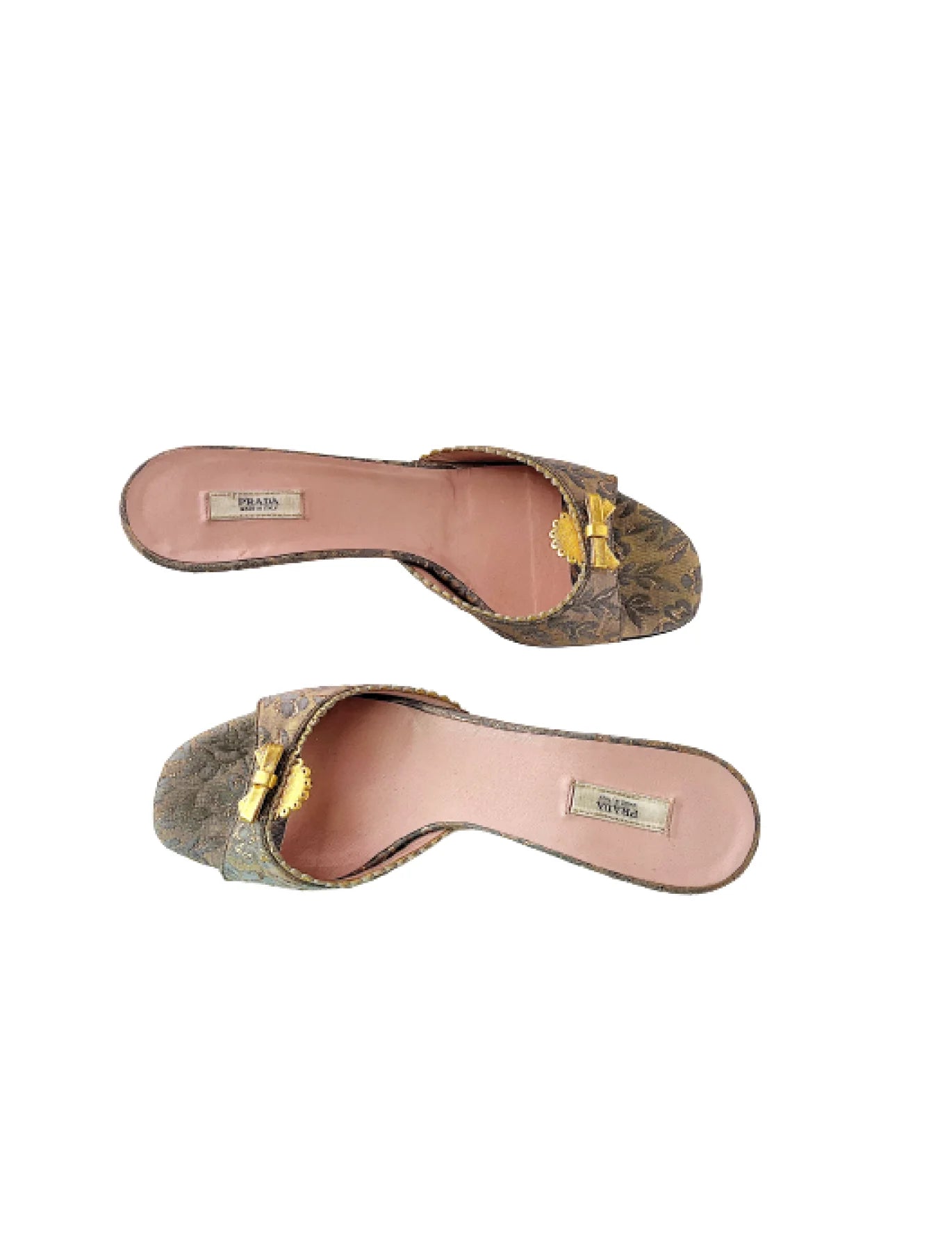 Prada Silk Kitten Heel Slides W/ Gold Bows, 38