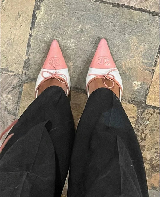 CHANEL Iconic "CC" Two-Tone Logo Toe Cap Bow Kitten Mules in Pink, 36.5