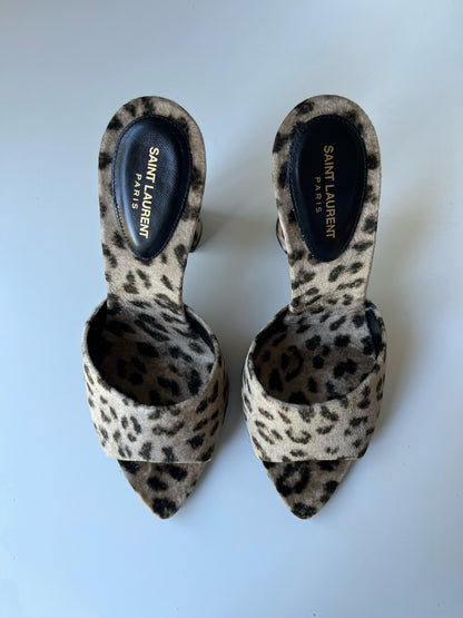 Saint Laurent Suite Leopard Print Velour Mules, 38