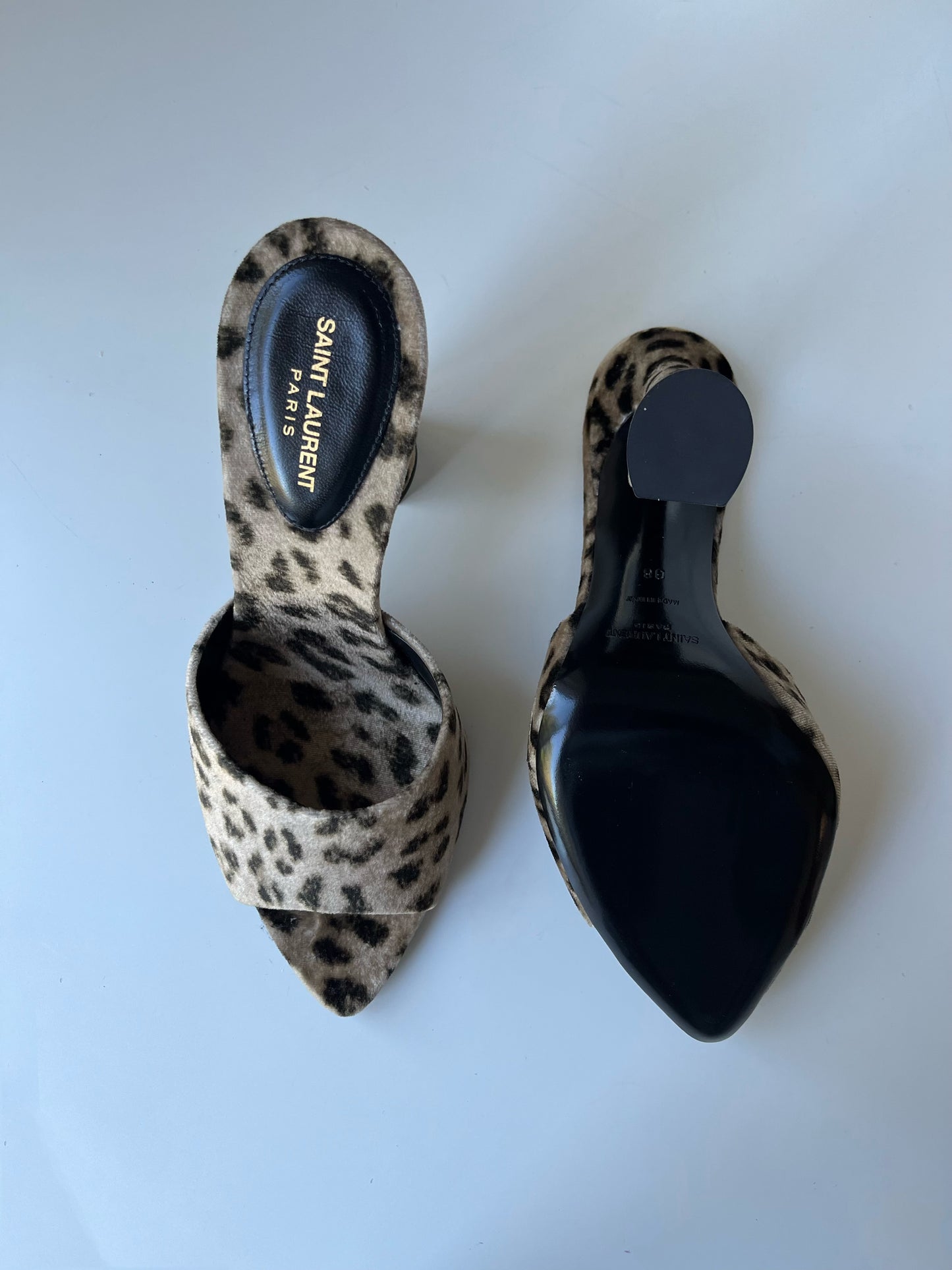 Saint Laurent Suite Leopard Print Velour Mules, 38