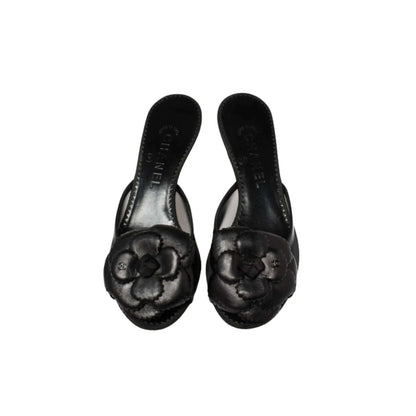 Chanel Black Mesh and Leather Camellia Slide Sandals, IT 37