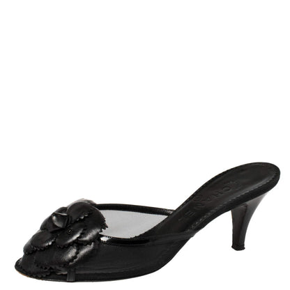 Chanel Black Mesh and Leather Camellia Slide Sandals, IT 37