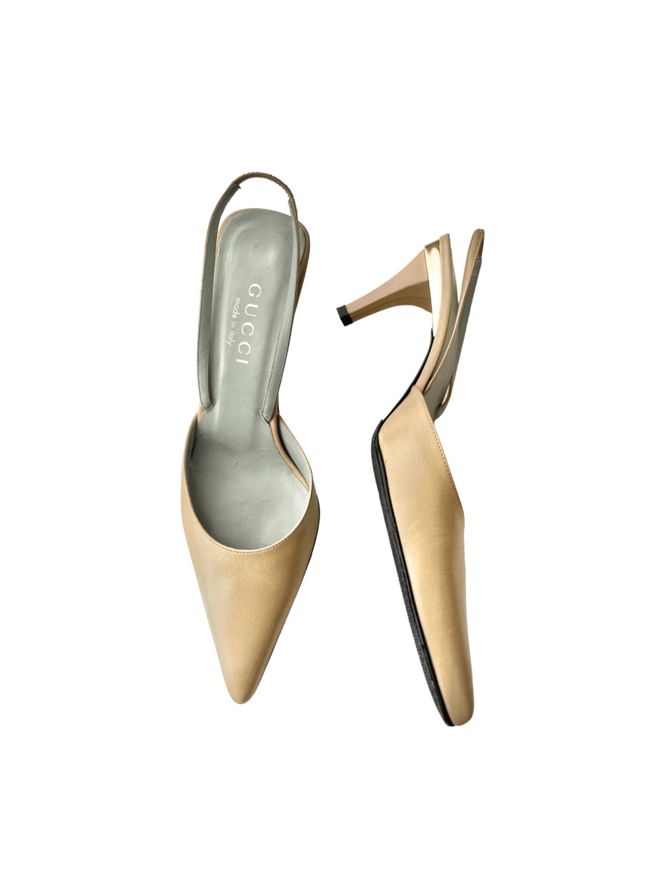 Gucci Slingback Beige Tan Heels With Gold Bands, 36