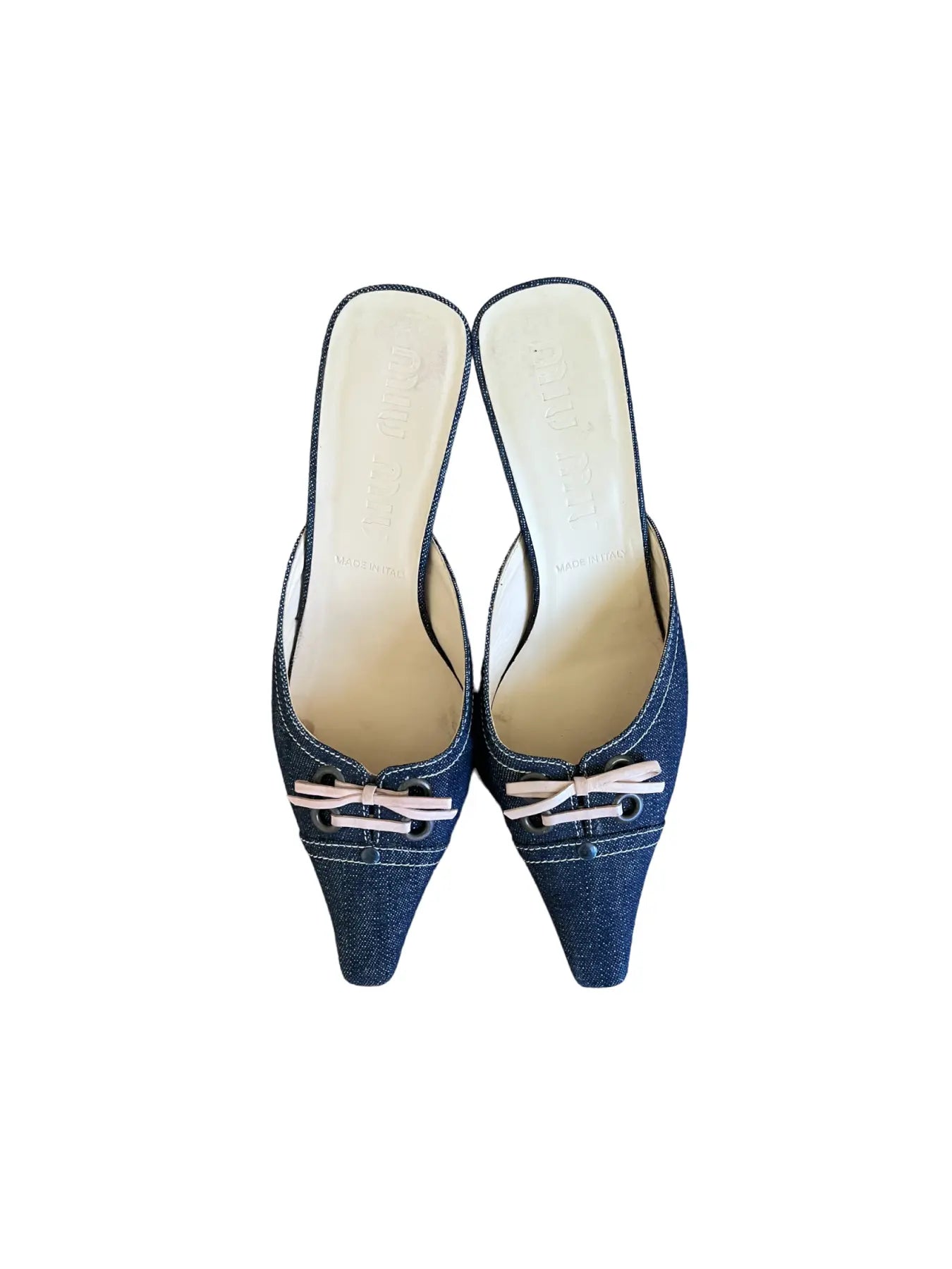 Miu Miu Denim Bow Mules Kitten Heels | Archive Square Floral Sandals Pinterest