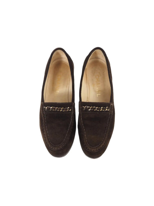 CHANEL Chain Suede Brown Leather Loafers, 36.5