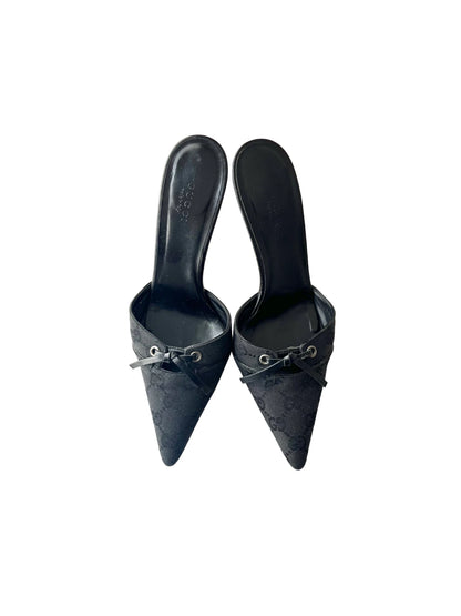 GUCCI Monogram Black Canvas Bow Vintage Mules, 37