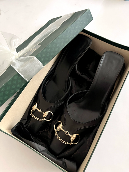 Gucci Black Guccissima Canvas Horsebit And Bits Chain Mules, 6.5