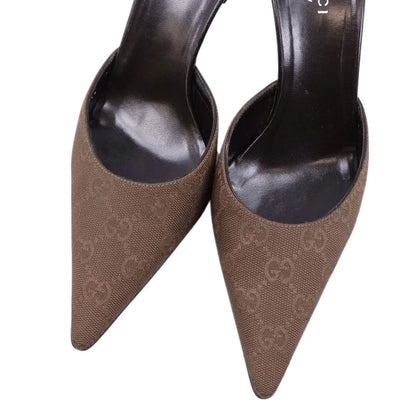 GUCCI Monogram Brown Canvas Bow Vintage Mules, 37