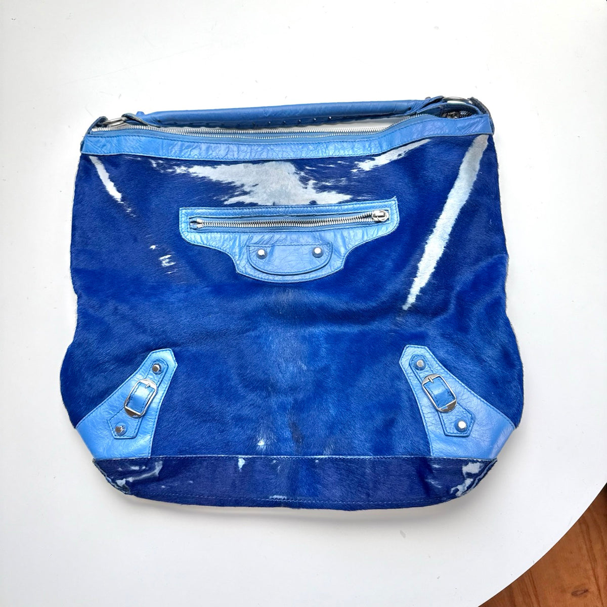 Balenciaga Blue Calf Hair Ponyhair Motorcycle Shoulder Bag AS IT