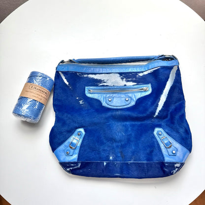 Balenciaga Blue Calf Hair Ponyhair Motorcycle Shoulder Bag AS IT