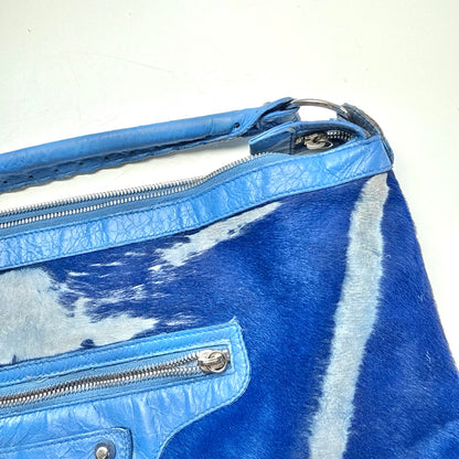Balenciaga Blue Calf Hair Ponyhair Motorcycle Shoulder Bag AS IT