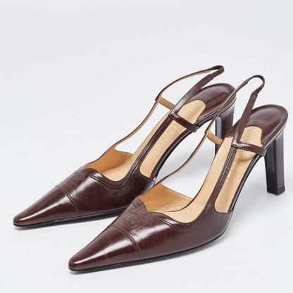 Chanel Brown Leather CC Slingback Heels, 39.5