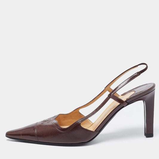 Chanel Brown Leather CC Slingback Heels, 39.5