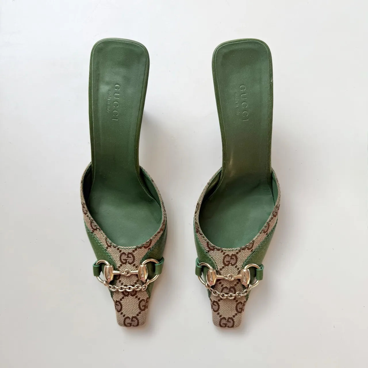 Gucci Green Canvas Horsebit And Bits Chain Mules, 36