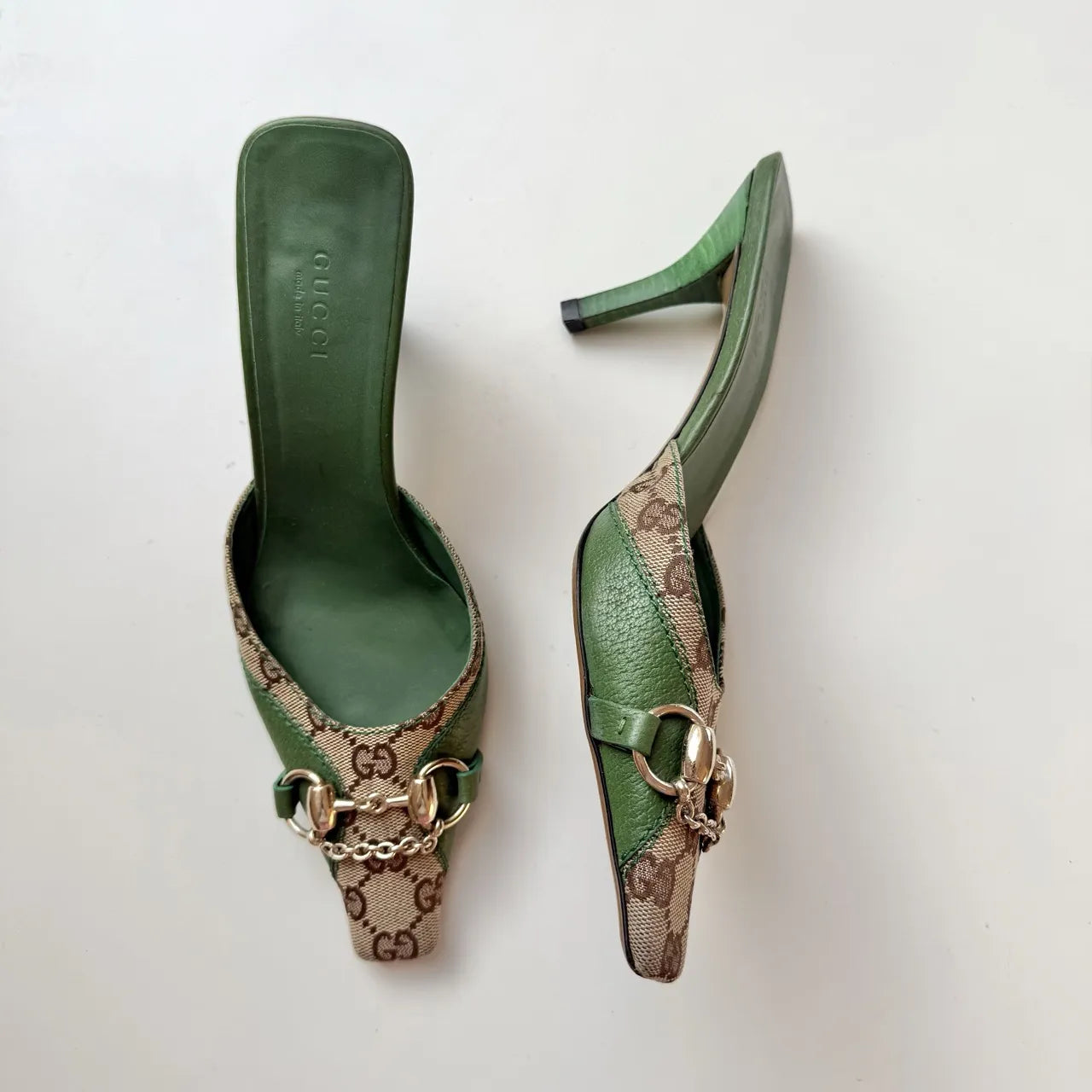 Gucci Green Canvas Horsebit And Bits Chain Mules, 36