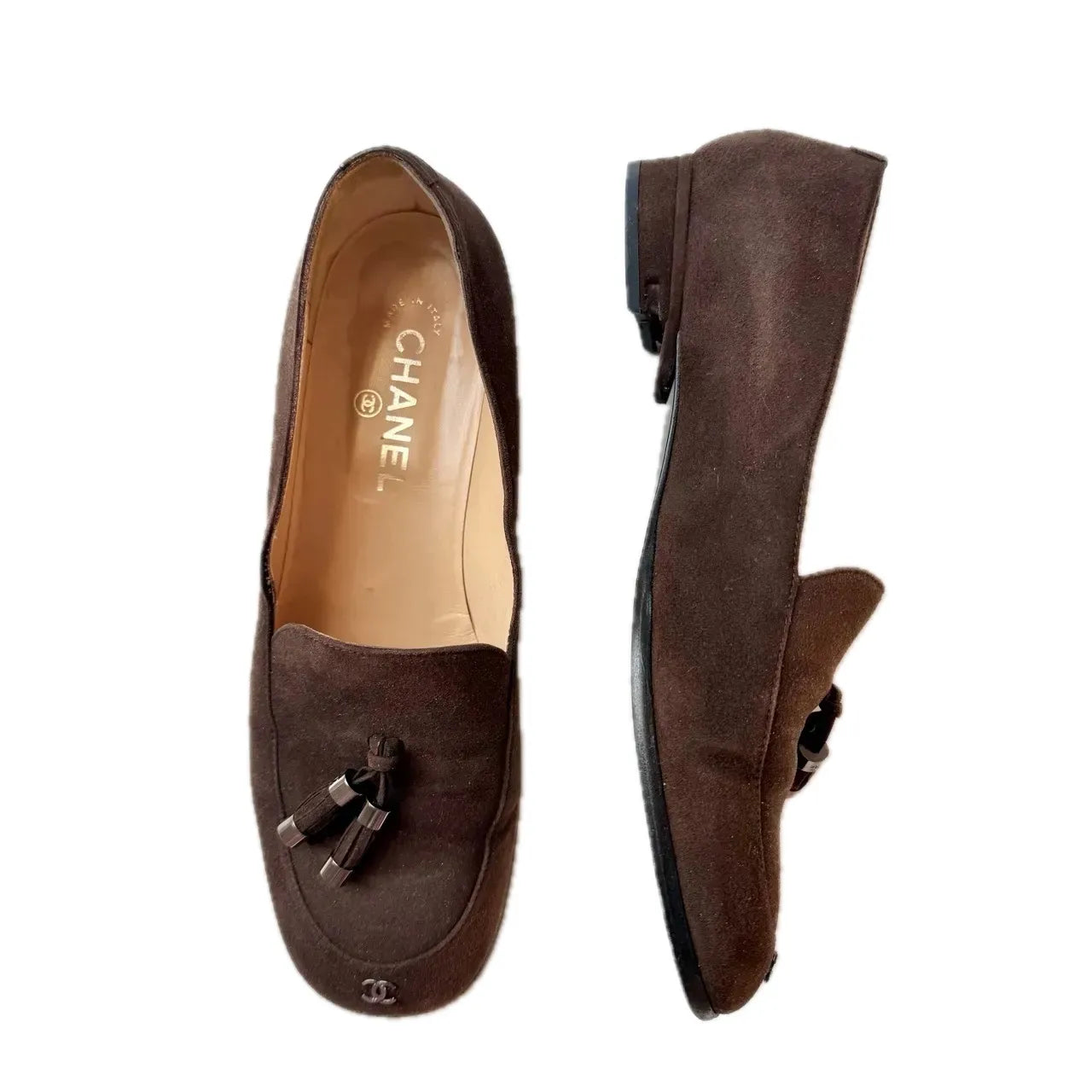 Chanel Vintage Brown Suede Tassel Loafers, 39