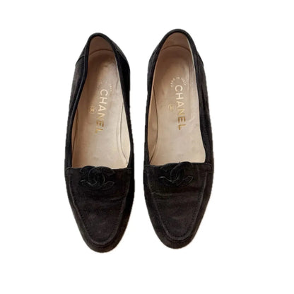 Chanel Vintage Black Suede Stitched CC Loafers, 37