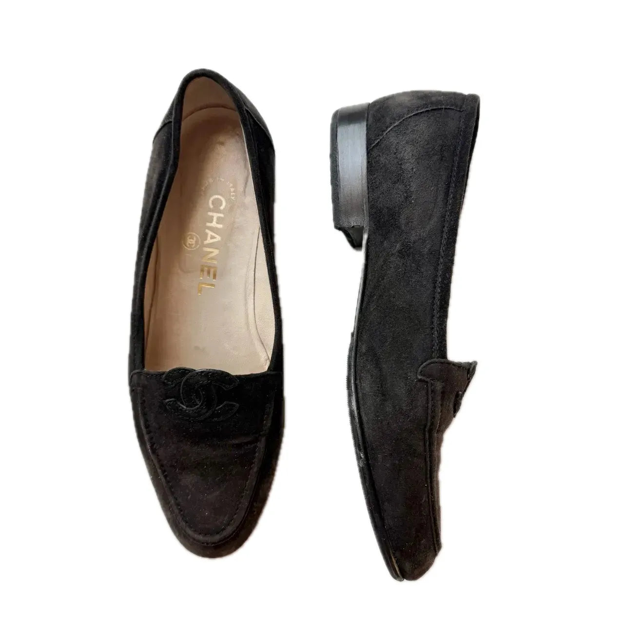 Chanel Vintage Black Suede Stitched CC Loafers, 37